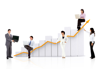 Business team with a chart or graph - isolated over a white background
